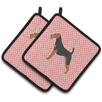 "Caroline's Treasures Airedale Terrier Checkerboard Pink Pair of Pot Holders BB3657PTHD, 7.5HX7.5W, Multicolor"