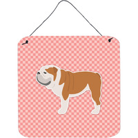 "Caroline's Treasures English Bulldog Checkerboard Pink Wall or Door Hanging Prints BB3662DS66, 6"" x 6"", Multicolor"