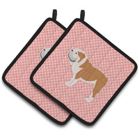 "Caroline's Treasures English Bulldog Checkerboard Pink Pair of Pot Holders BB3662PTHD, 7.5HX7.5W, Multicolor"