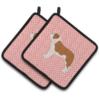 "Caroline's Treasures Saint Bernard Checkerboard Pink Pair of Pot Holders BB3676PTHD, 7.5HX7.5W, Multicolor"