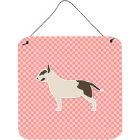 "Caroline's Treasures Bull Terrier Checkerboard Pink Wall or Door Hanging Prints BB3678DS66, 6"" x 6"", Multicolor"