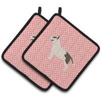 "Caroline's Treasures Bull Terrier Checkerboard Pink Pair of Pot Holders BB3678PTHD, 7.5HX7.5W, Multicolor"