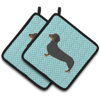 "Caroline's Treasures Dachshund Checkerboard Blue Pair of Pot Holders BB3682PTHD, 7.5HX7.5W, Multicolor"