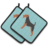 "Caroline's Treasures Welsh Terrier Checkerboard Blue Pair of Pot Holders BB3685PTHD, 7.5HX7.5W, Multicolor"