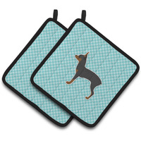 "Caroline's Treasures Toy Fox Terrier Checkerboard Blue Pair of Pot Holders BB3687PTHD, 7.5HX7.5W, Multicolor"