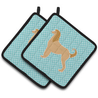 "Caroline's Treasures Afghan Hound Checkerboard Blue Pair of Pot Holders BB3706PTHD, 7.5HX7.5W, Multicolor"