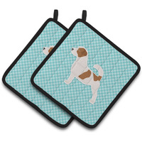 "Caroline's Treasures Jack Russell Terrier Checkerboard Blue Pair of Pot Holders BB3707PTHD, 7.5HX7.5W, Multicolor"
