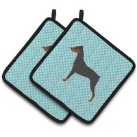 "Caroline's Treasures German Pinscher Checkerboard Blue Pair of Pot Holders BB3713PTHD, 7.5HX7.5W, Multicolor"