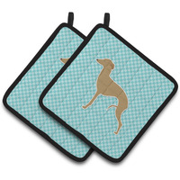 "Caroline's Treasures Italian Greyhound Checkerboard Blue Pair of Pot Holders BB3714PTHD, 7.5HX7.5W, Multicolor"