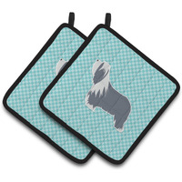 "Caroline's Treasures Bearded Collie Checkerboard Blue Pair of Pot Holders BB3717PTHD, 7.5HX7.5W, Multicolor"