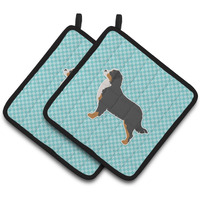 "Caroline's Treasures Bernese Mountain Dog Checkerboard Blue Pair of Pot Holders BB3719PTHD, 7.5HX7.5W, Multicolor"