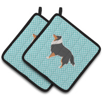 "Caroline's Treasures Sheltie/Shetland Sheepdog Checkerboard Blue Pair of Pot Holders BB3730PTHD, 7.5HX7.5W, Multicolor"