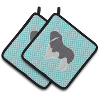 "Caroline's Treasures BB3732PTHD Polish Lowland Sheepdog Dog Checkerboard Blue Pair of Pot Holders, 7.5H"" x 7.5"" W, Multicolor"