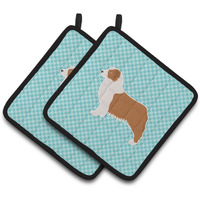 "Caroline's Treasures Australian Shepherd Dog Checkerboard Blue Pair of Pot Holders BB3733PTHD, 7.5HX7.5W, Multicolor"