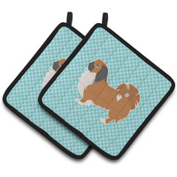 "Caroline's Treasures Pekingese Checkerboard Blue Pair of Pot Holders BB3738PTHD, 7.5HX7.5W, Multicolor"