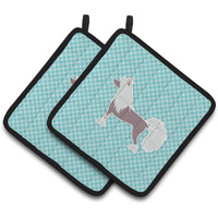 "Caroline's Treasures Chinese Crested Checkerboard Blue Pair of Pot Holders BB3743PTHD, 7.5HX7.5W, Multicolor"