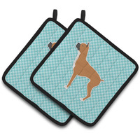 "Caroline's Treasures Boxer Checkerboard Blue Pair of Pot Holders BB3753PTHD, 7.5HX7.5W, Multicolor"
