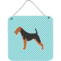 "Caroline's Treasures Airedale Terrier Checkerboard Blue Wall or Door Hanging Prints BB3757DS66, 6"" x 6"", Multicolor"