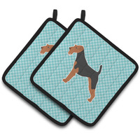 "Caroline's Treasures Airedale Terrier Checkerboard Blue Pair of Pot Holders BB3757PTHD, 7.5HX7.5W, Multicolor"