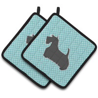 "Caroline's Treasures Scottish Terrier Checkerboard Blue Pair of Pot Holders BB3769PTHD, 7.5HX7.5W, Multicolor"
