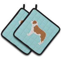 "Caroline's Treasures Saint Bernard Checkerboard Blue Pair of Pot Holders BB3776PTHD, 7.5HX7.5W, Multicolor"