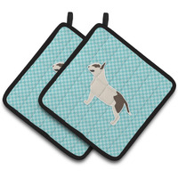 "Caroline's Treasures Bull Terrier Checkerboard Blue Pair of Pot Holders BB3778PTHD, 7.5HX7.5W, Multicolor"
