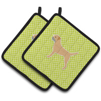"Caroline's Treasures Border Terrier Checkerboard green Pair of Pot Holders BB3789PTHD, 7.5HX7.5W, Multicolor"