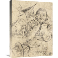 Four Studies of Heads Drawn over a Copy of Saint John the Evangelist by Correggio (recto); Three Studies of Men (verso)-Canvas Art-18"x24"