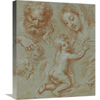 Studies of the Madonna and Child and of Heads (recto); Madonna and Child with Saint John Seated in a Landscape (verso)-Canvas Art-18.26"x22"