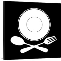 Mealtime: White on Black - Plate with Crossed Cutlery-Canvas Art-36"x36"