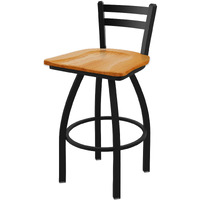411 Jackie 30" Low Back Swivel Bar Stool with Black Wrinkle Finish and Medium Oak Seat