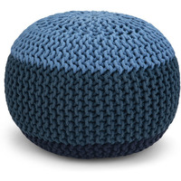 Nikki Boho Round Hand Knit Pouf in Blue, Navy Blue Cotton