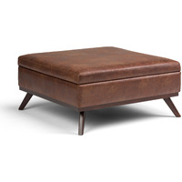Owen 36 in Wide Square Square Coffee Table Storage Ottoman - Distressed Saddle Brown