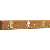 Wooden Mallet 3 Double Prong Hook Rail/Coat Rack, Brass Hooks, Light Oak
