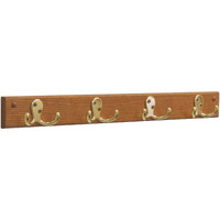 Wooden Mallet 4 Double Prong Hook Rail/Coat Rack, Brass Hooks, Medium Oak
