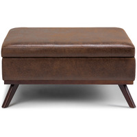 Owen Square Coffee Table Storage Ottoman in Distressed Chestnut Brown Faux Air Leather