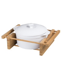 GRAND BUFFET STONEWARE COVERED CASSEROLE W/BAMBOO CRADLE