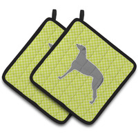 "Caroline's Treasures Scottish Deerhound Checkerboard green Pair of Pot Holders BB3796PTHD, 7.5HX7.5W, Multicolor"