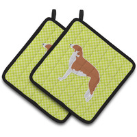"Caroline's Treasures Borzoi Russian Greyhound Checkerboard green Pair of Pot Holders BB3799PTHD, 7.5HX7.5W, Multicolor"