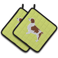 "Caroline's Treasures Welsh Springer Spaniel Checkerboard green Pair of Pot Holders BB3800PTHD, 7.5HX7.5W, Multicolor"
