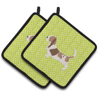 "Caroline's Treasures Basset Hound Checkerboard green Pair of Pot Holders BB3802PTHD, 7.5HX7.5W, Multicolor"