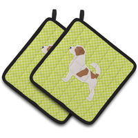 "Caroline's Treasures Jack Russell Terrier Checkerboard green Pair of Pot Holders BB3807PTHD, 7.5HX7.5W, Multicolor"