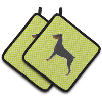 "Caroline's Treasures German Pinscher Checkerboard green Pair of Pot Holders BB3813PTHD, 7.5HX7.5W, Multicolor"
