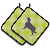 "Caroline's Treasures Bernese Mountain Dog Checkerboard green Pair of Pot Holders BB3819PTHD, 7.5HX7.5W, Multicolor"