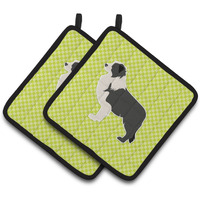 "Caroline's Treasures black Border Collie Checkerboard green Pair of Pot Holders BB3823PTHD, 7.5HX7.5W, Multicolor"