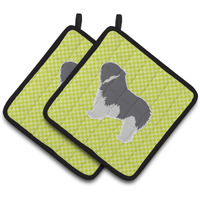 "Caroline's Treasures BB3832PTHD Polish Lowland Sheepdog Dog Checkerboard green Pair of Pot Holders, 7.5H"" x 7.5"" W, Multicolor"