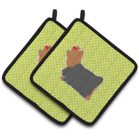 "Caroline's Treasures Yorkshire Terrier Yorkie Checkerboard green Pair of Pot Holders BB3834PTHD, 7.5HX7.5W, Multicolor"