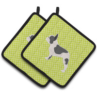 "Caroline's Treasures French Bulldog Checkerboard green Pair of Pot Holders BB3841PTHD, 7.5HX7.5W, Multicolor"