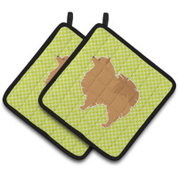 "Caroline's Treasures Pomeranian Checkerboard green Pair of Pot Holders BB3842PTHD, 7.5HX7.5W, Multicolor"