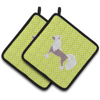 "Caroline's Treasures Chinese Crested Checkerboard green Pair of Pot Holders BB3843PTHD, 7.5HX7.5W, Multicolor"